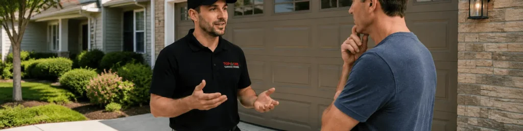 Garage technician consulting homeowner outside garage door