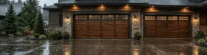 Wood garage doors exterior on rainy driveway scene
