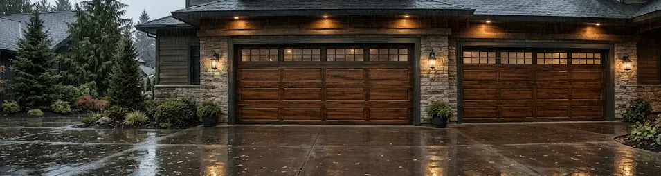 Wood garage doors exterior on rainy driveway scene