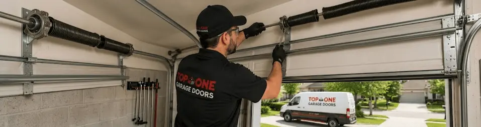 Garage technician adjusting garage door springs and tracks