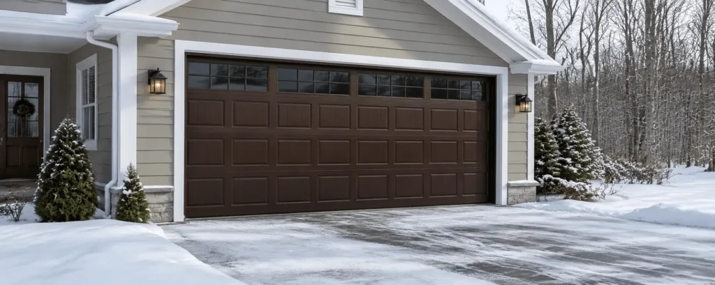 Modern brown garage door on snowy driveway