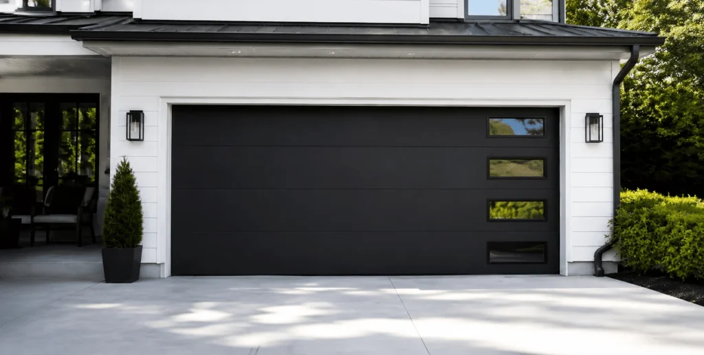 Modern black garage door with windows
