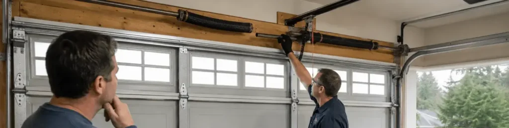 A professional inspecting a failed DIY torsion spring repair