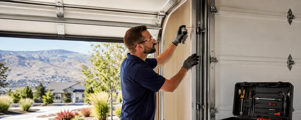 Garage Door Technician Lubricating Garage Door Components
