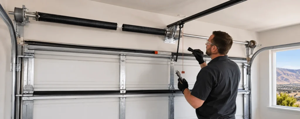 Garage Door Technician Inspecting Springs