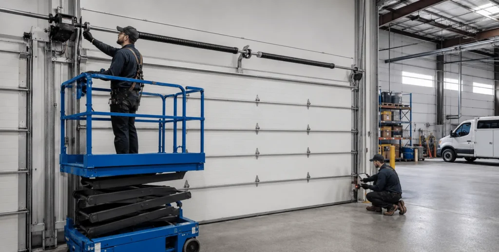 Garage Door Technician Maintenance Checkup On Commercial Garage Door