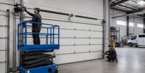 Garage Door Technician Maintenance Checkup On Commercial Garage Door