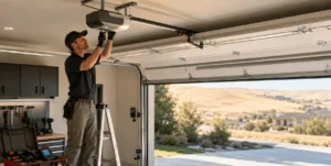 Professional Garage Door Technician Installing Equipment